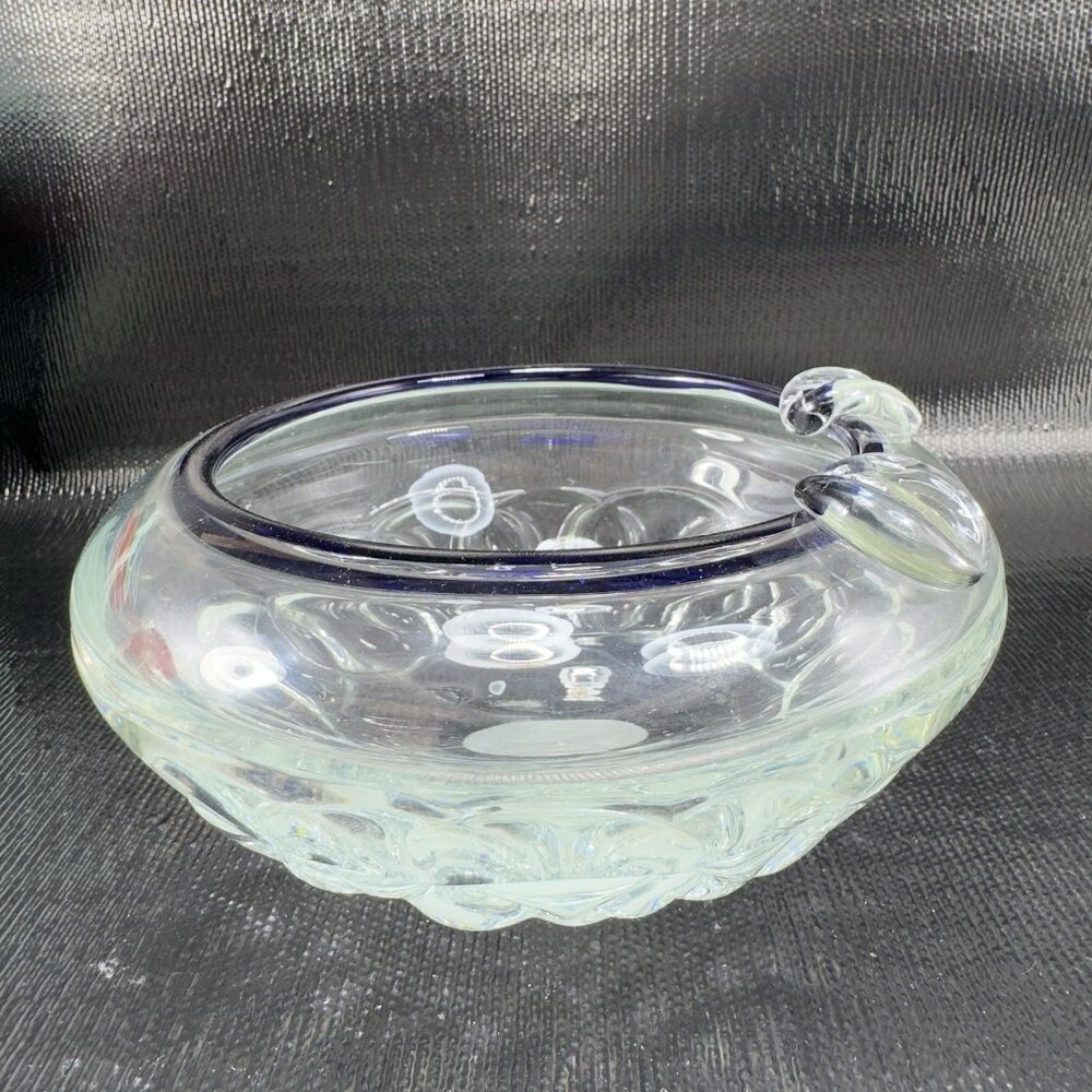 Vintage 1980s Hand Blown Heavy Thick Glass Ashtray Dish Trinket Holder Blue Edge